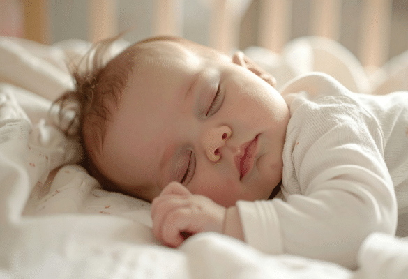 Bébé dormant paisiblement dans son lit, illustrant un sommeil calme et sécurisé.