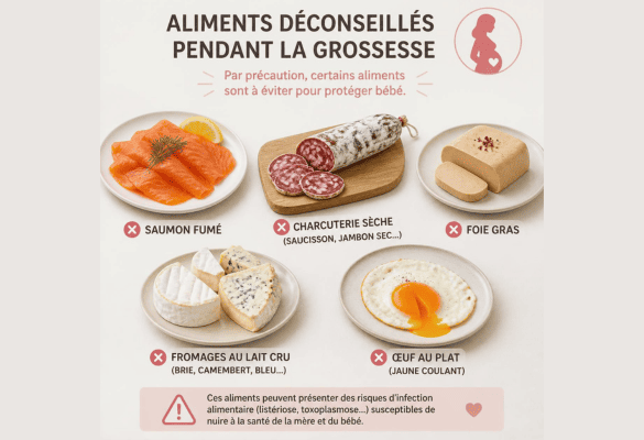 Infographie présentant les principaux aliments déconseillés pendant la grossesse