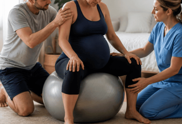 femme enceinte sur un ballon de naissance accompagnée par son partenaire et une sage-femme pendant le travail