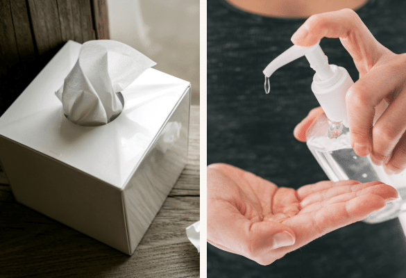 boîte à mouchoirs jetables et flacon de gel hydroalcoolique pour limiter la circulation des microbes.