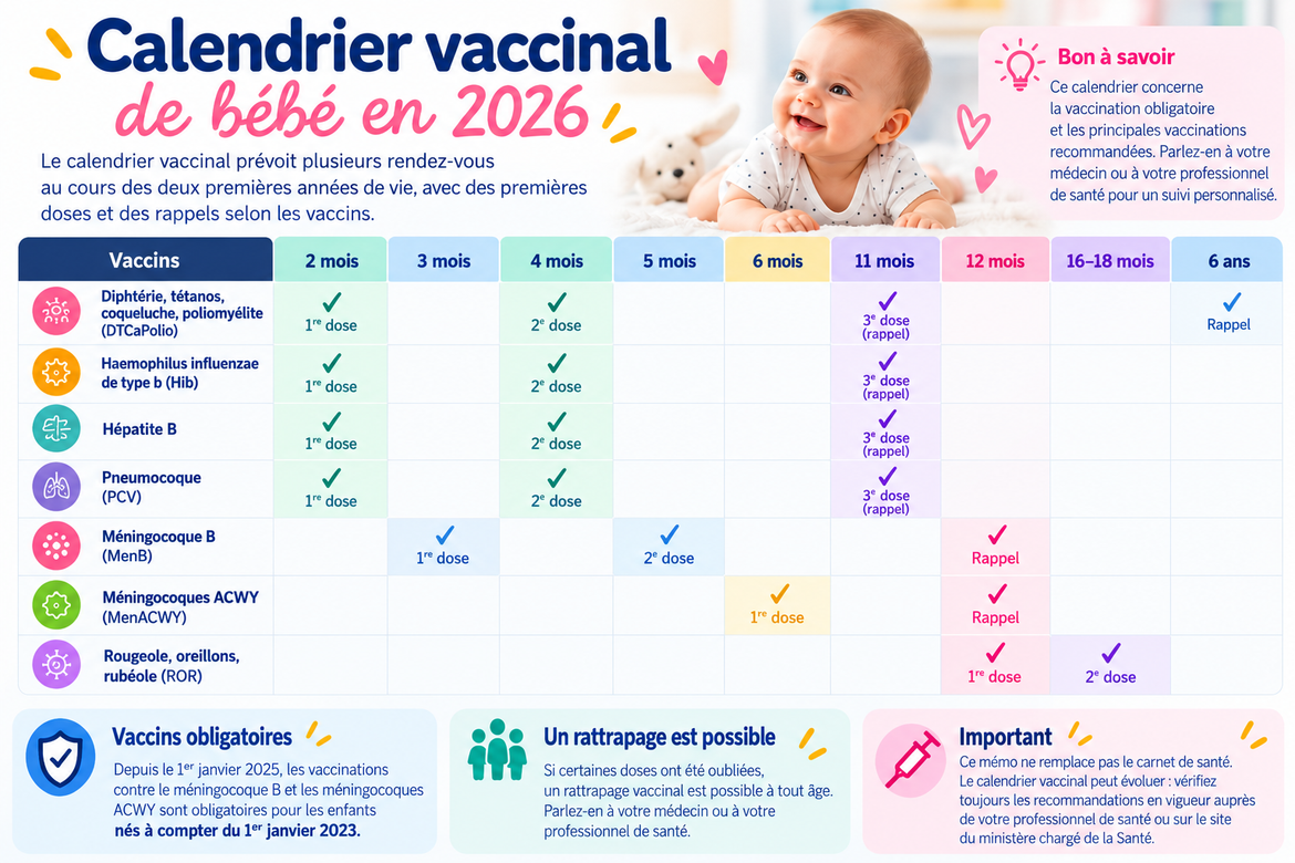 Calendrier des vaccins obligatoires de bébé en 2026 selon son âge