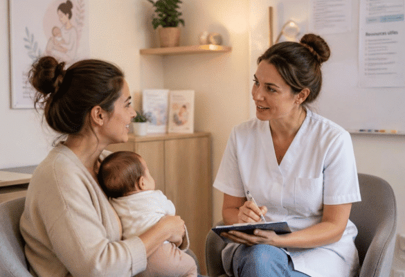 Mère avec son bébé lors d'un entretien postnatal
