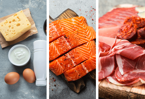 Aliments concernés par les recommandations de grossesse comme poisson, viande, œufs et produits laitiers