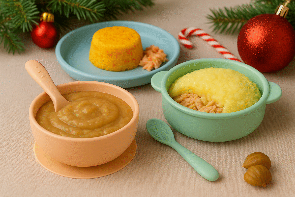 Trois recettes de Noël pour bébé présentées dans un décor festif : compote pomme-châtaigne, flan fondant carotte-saumon et parmentier panais-canard.