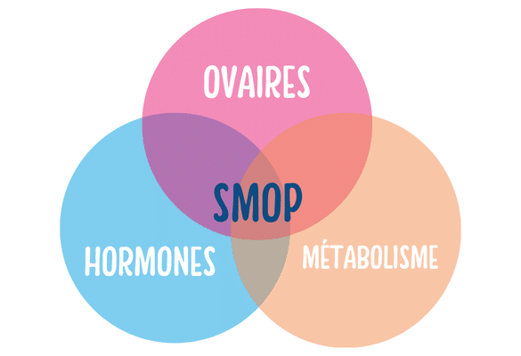 Schéma illustrant les liens entre ovaires, hormones et métabolisme dans le SMOP.