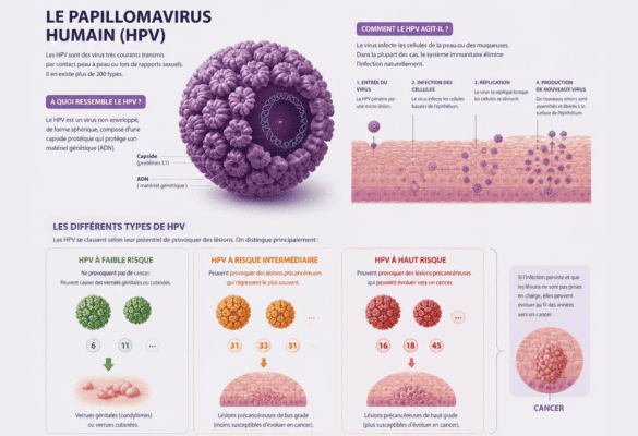 Illustration du papillomavirus humain HPV et des différents types de virus selon leur niveau de risque