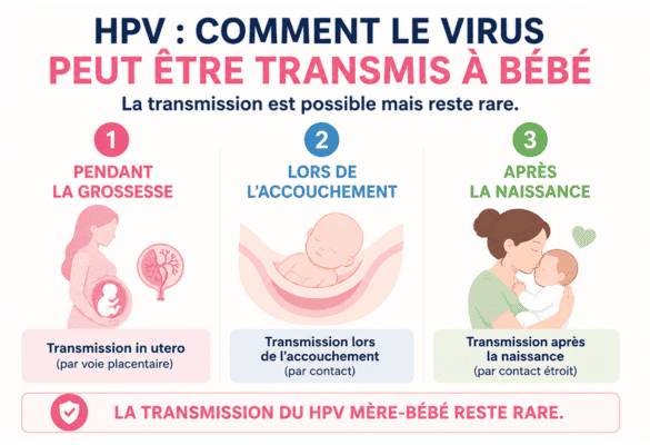Illustration des trois modes possibles de transmission du HPV de la mère au bébé