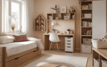 Chambre d’enfant avec lit, bureau et rangements