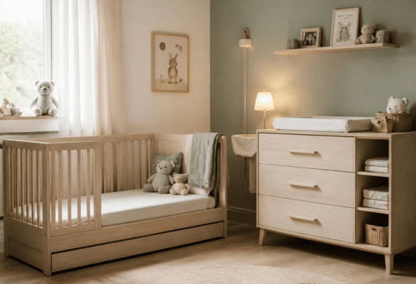 Chambre de bébé avec lit, commode et rangements