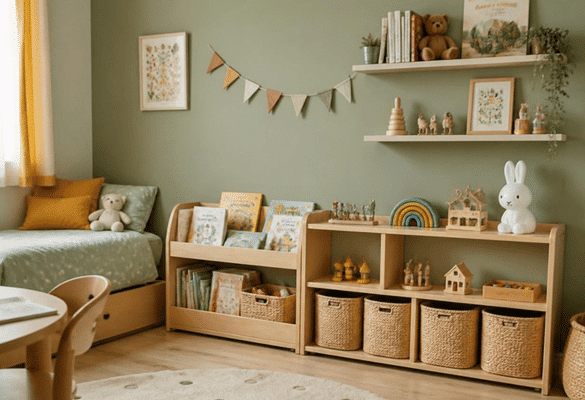 Chambre d’enfant avec bibliothèque basse et paniers de rangement